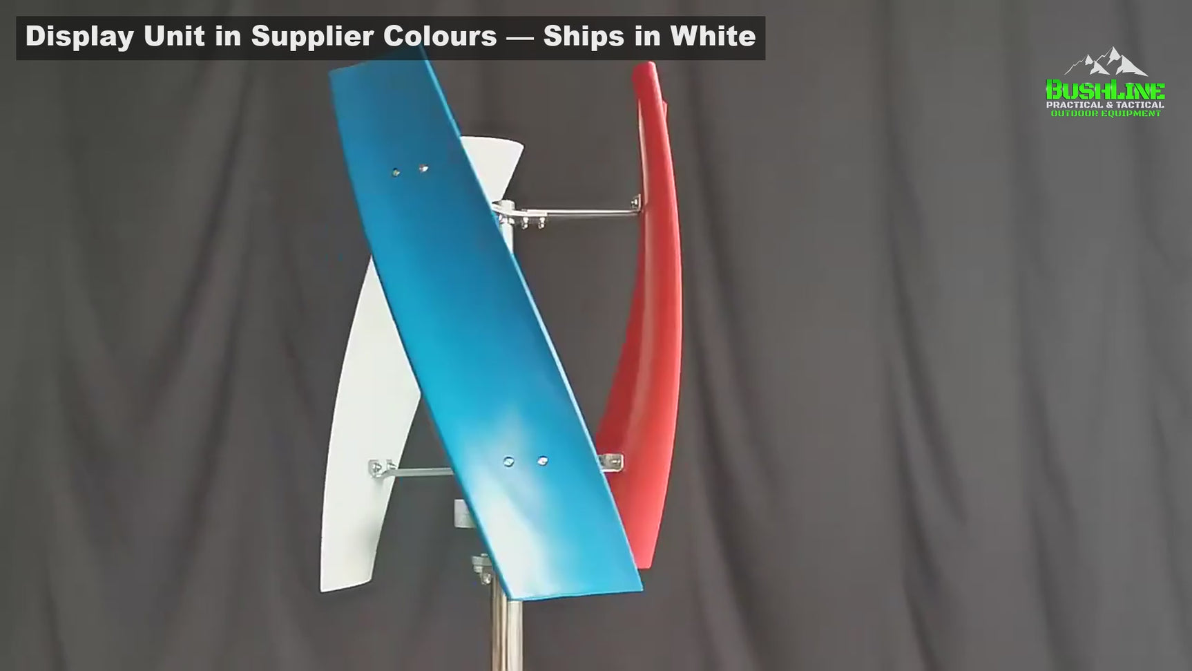 Video: an X-series helical vertical turbine display unit with red, white and blue blades spinning in a studio, a warehouse and on a solar rooftop; captions note BushLine ships the X-300 in white