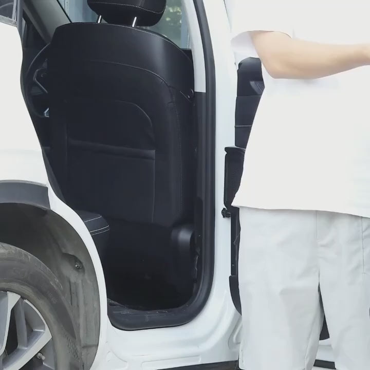 Black seat-back organiser strapped over a car's front seat: the buckles done up, pens and a water bottle stowed, tissues pulled through the slot, then the Tan, CP Camo, Black Camo and Army Green versions fitted.