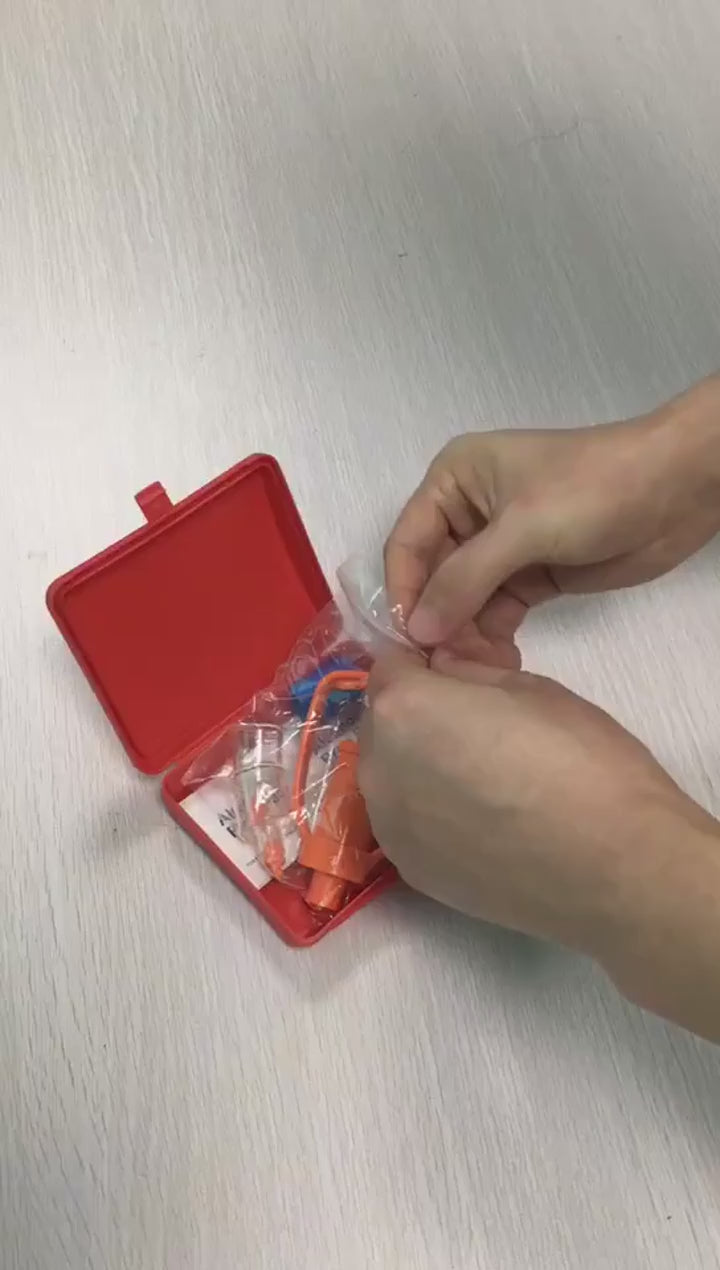 Orange suction pump taken out of its red case, a clear cup fitted, then pressed onto a forearm to show the suction.