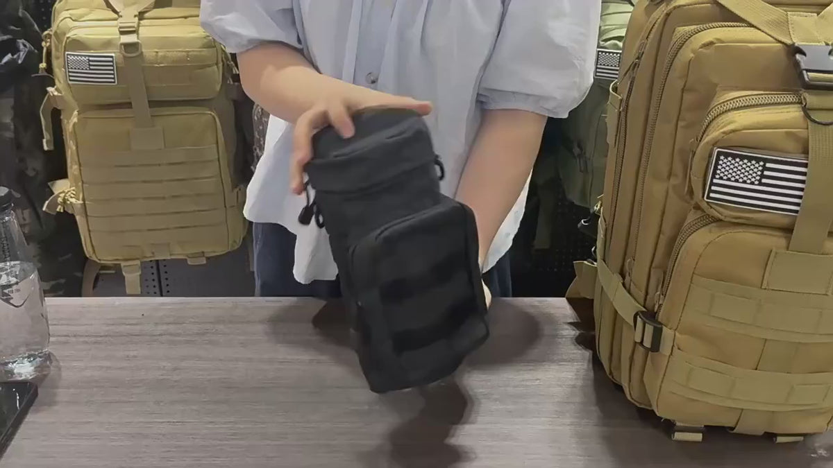 Black MOLLE water bottle pouch on a bench: the zip opened, a bottle slid in, then the pouch strapped onto a backpack's webbing.