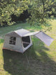 BISINNA cabin tent pitched in a park: the inside with its window, two people carrying the bag, a close-up of a telescopic pole lock, and a man relaxing in the porch.