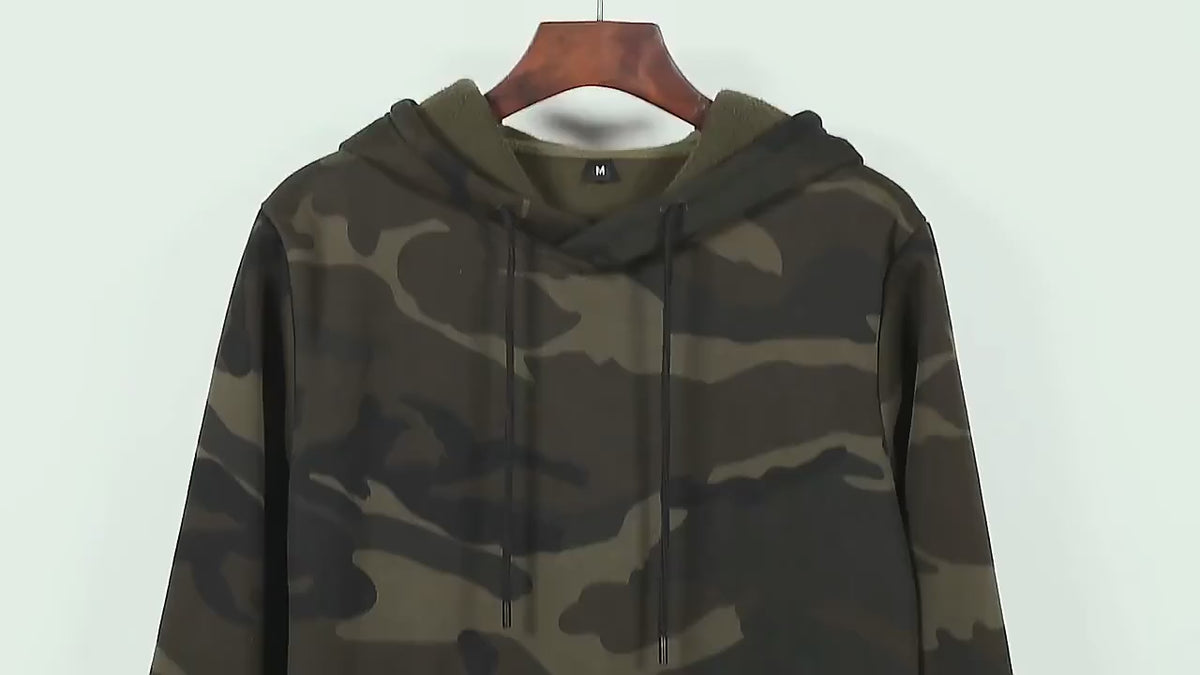 All-over green camo fleece hoodie shown front and back, then close-ups of the ribbed cuff, the hem and the soft fleece lining.