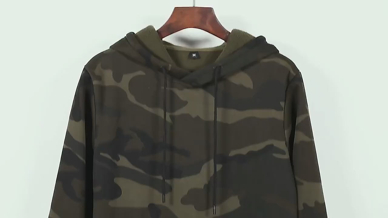 All-over green camo fleece hoodie shown front and back, then close-ups of the ribbed cuff, the hem and the soft fleece lining.