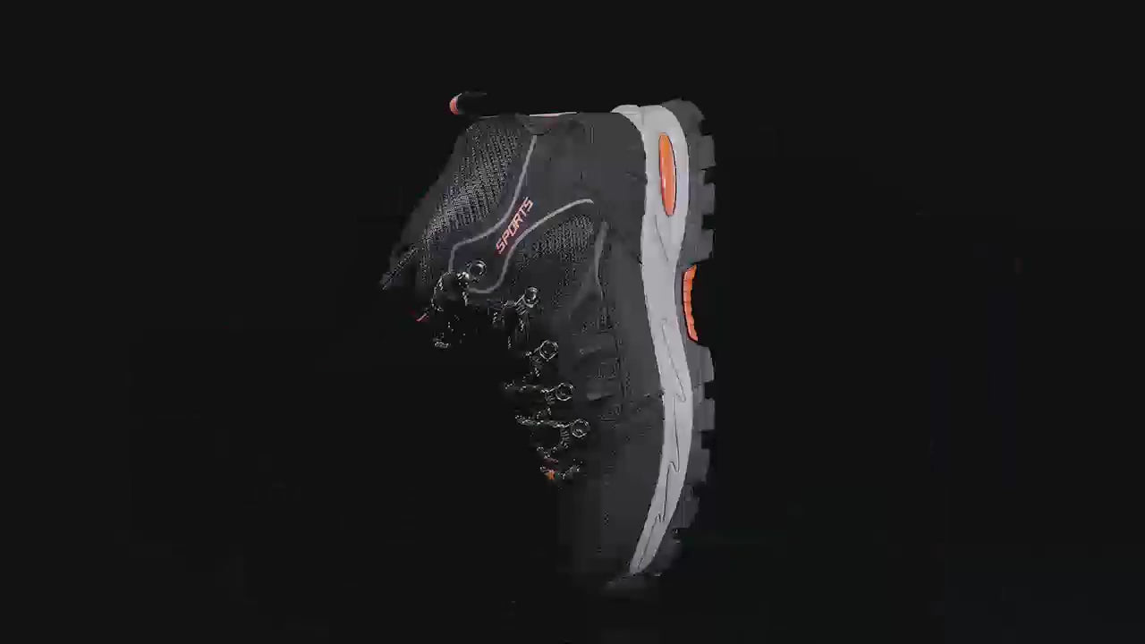 Above-ankle hiking boots turning on a black background, then grey, black and rose-red pairs worn on a rock and stepping over boulders.