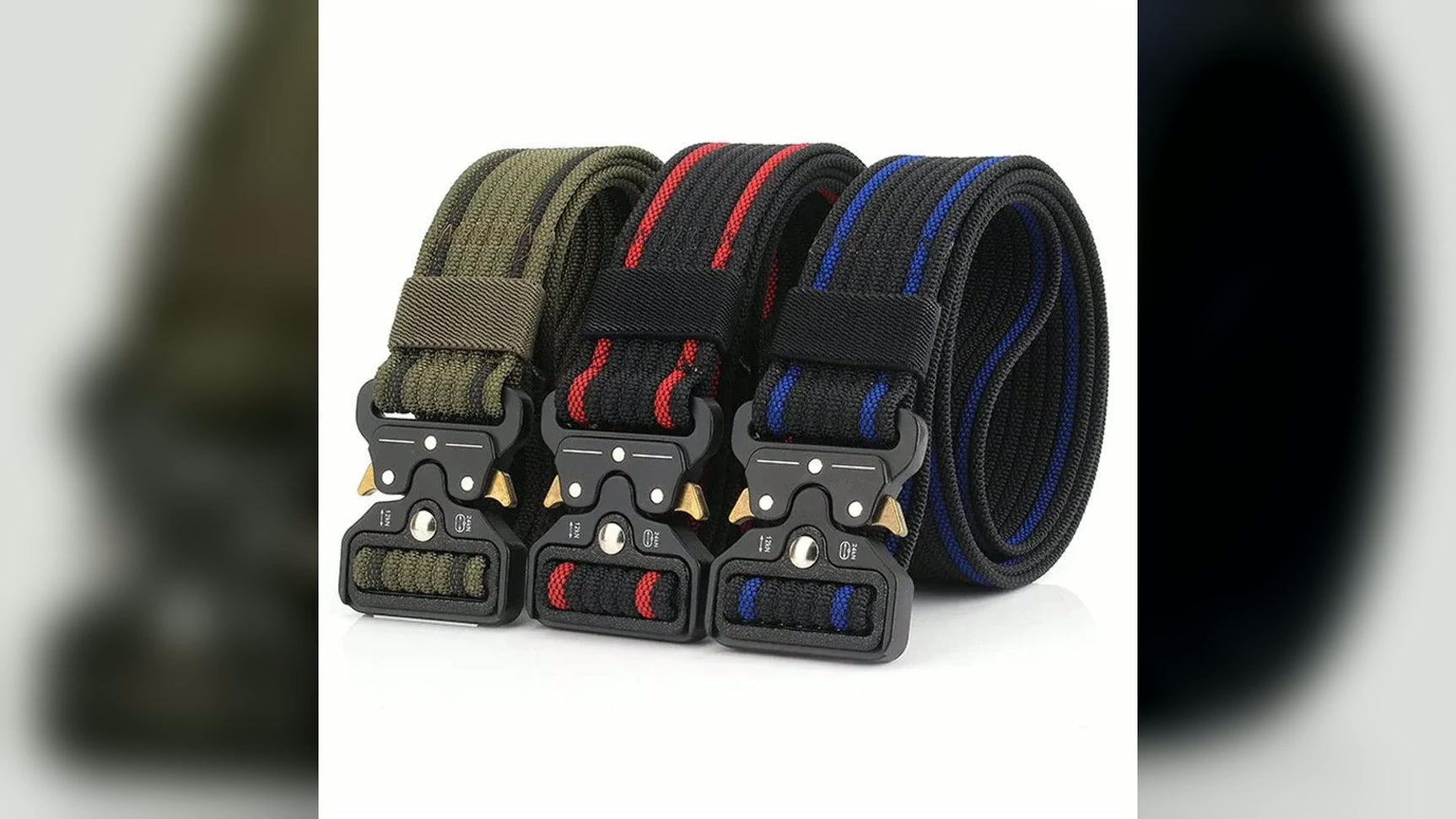 Product video of the 38 mm 1200D quick-release belt: the two-lever buckle clamping and pulling apart, the webbing and keeper loop, then the seven colours
