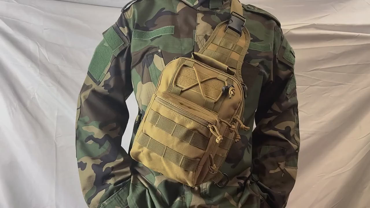 Tan MOLLE sling chest bag worn across the chest, then held up to show the cross-cord lacing, the strap buckle, the padded mesh back panel and the front pocket opened.