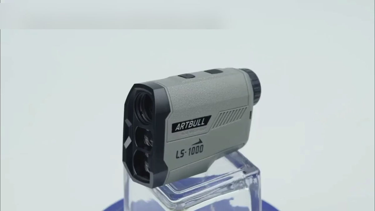 ARTBULL LS-1000 laser rangefinder turning on a stand, a man sighting with it on a boardwalk, the buttons pressed, the view through the reticle, then him walking with it.