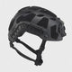 Black high-cut helmet turning slowly on a white background, showing the side rails, the front mount and the chin strap.