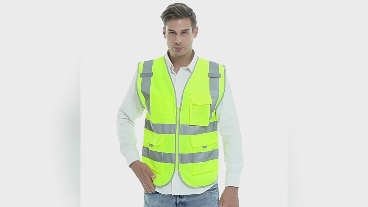 Model wearing the multi-pocket hi-vis vest in fluoro yellow, then in black, showing the reflective tape and the pockets.