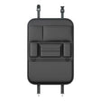 Black PU seat back organiser laid flat, front view with straps