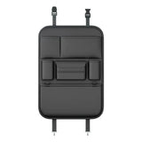Black PU seat back organiser laid flat, front view with straps
