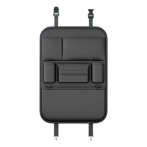Black PU seat back organiser laid flat, front view with straps