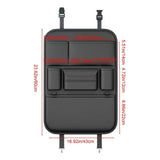 Dimension drawing of the black PU seat back organiser: 60 cm tall, 43 cm wide, with pocket sizes