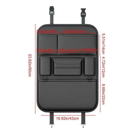 Dimension drawing of the black PU seat back organiser: 60 cm tall, 43 cm wide, with pocket sizes