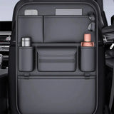 Black PU seat back organiser with a tablet and phone in the top pockets and bottles in the side holders