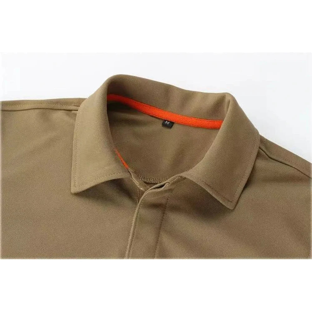 Close-up of the khaki polo collar with an orange inner band