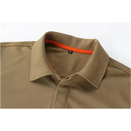 Close-up of the khaki polo collar with an orange inner band