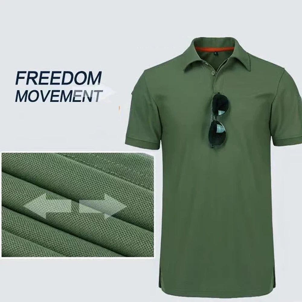 Green quick-dry polo with an inset of the fabric stretching