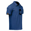 Quick-dry polo, navy (shown as bright blue), sunglasses hooked on the placket