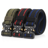 Three 38 mm nylon quick-release belts side by side, army green, black with red stripes and black with blue stripes, each with a black two-lever quick-release buckle