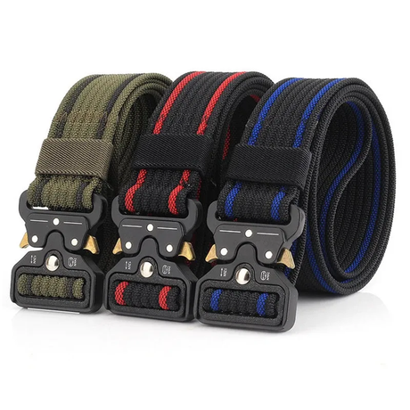 Three 38 mm nylon quick-release belts side by side, army green, black with red stripes and black with blue stripes, each with a black two-lever quick-release buckle