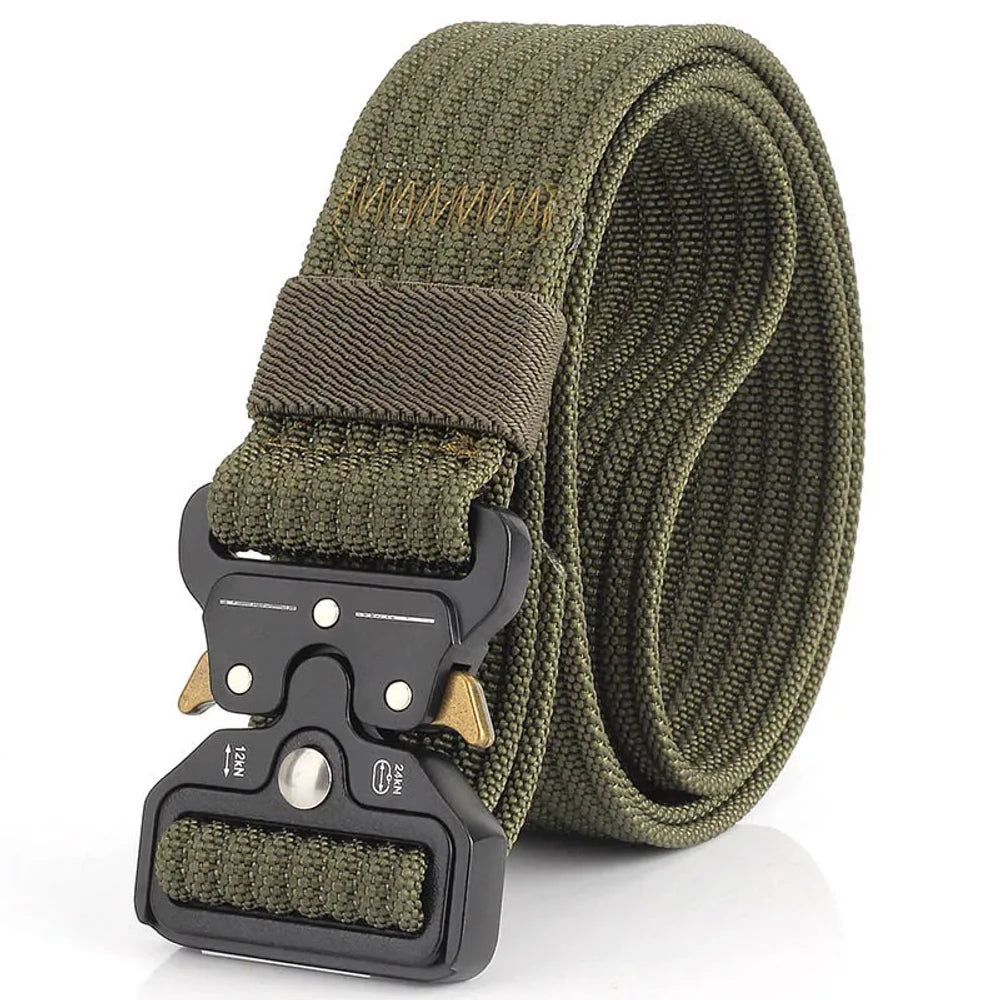 Plain army green nylon quick-release belt, coiled, black buckle with gold release levers
