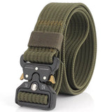 Plain army green nylon quick-release belt, coiled, black buckle with gold release levers