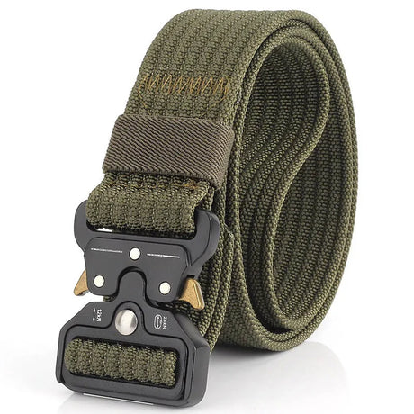 Plain army green nylon quick-release belt, coiled, black buckle with gold release levers