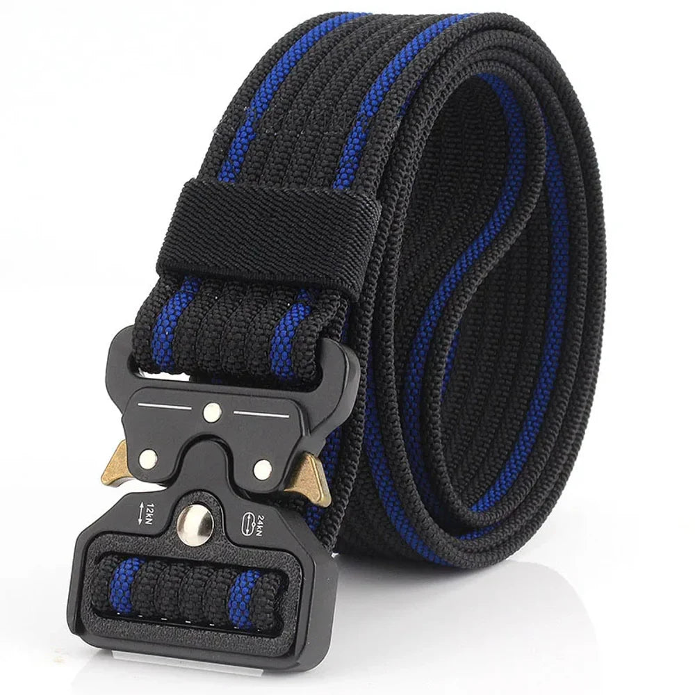 Black nylon quick-release belt with a blue stripe down each edge, coiled, black buckle with gold release levers