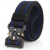 Black nylon quick-release belt with a blue stripe down each edge, coiled, black buckle with gold release levers
