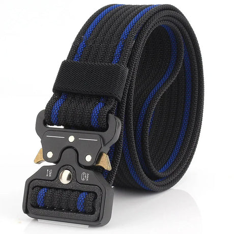 Black nylon quick-release belt with a blue stripe down each edge, coiled, black buckle with gold release levers