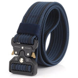 Navy blue nylon quick-release belt with darker edges, coiled, black buckle with gold release levers