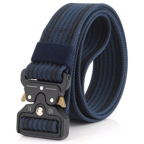 Navy blue nylon quick-release belt with darker edges, coiled, black buckle with gold release levers