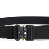 Black two-lever quick-release buckle closed on black webbing, stamped 12kN and 24kN