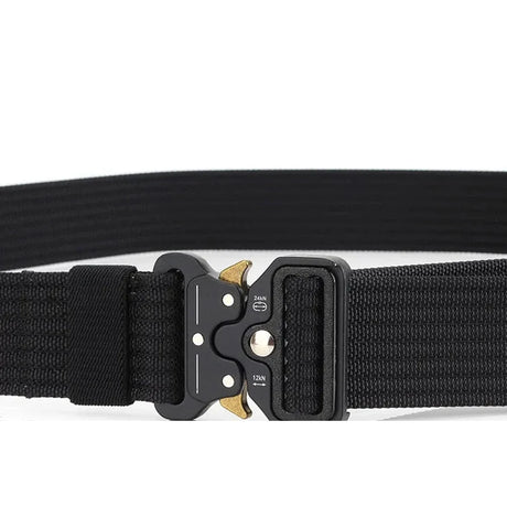 Black two-lever quick-release buckle closed on black webbing, stamped 12kN and 24kN