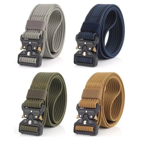 Four plain-colour quick-release belts: grey, blue, army green and wolf brown tan, each coiled with the black buckle at the front
