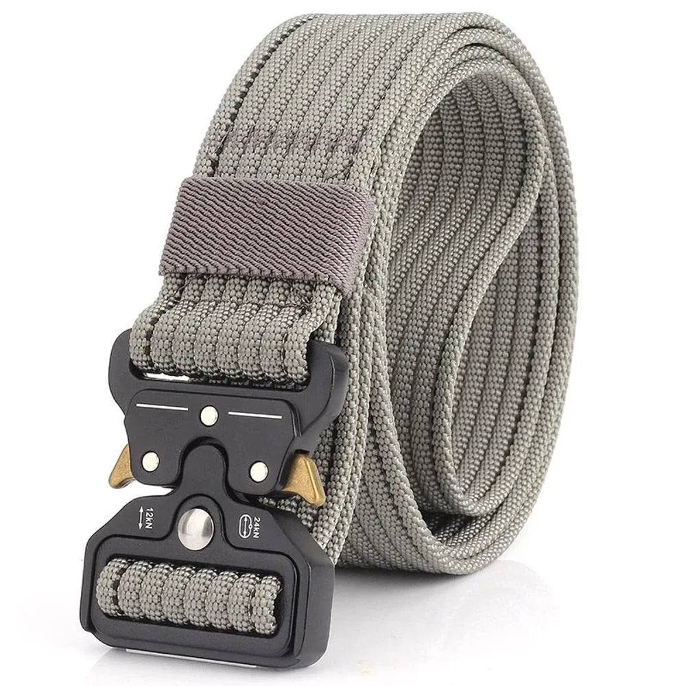 Plain light grey nylon quick-release belt, coiled, black buckle with gold release levers