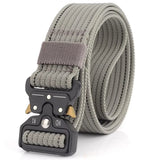 Plain light grey nylon quick-release belt, coiled, black buckle with gold release levers