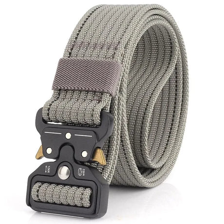 Plain light grey nylon quick-release belt, coiled, black buckle with gold release levers