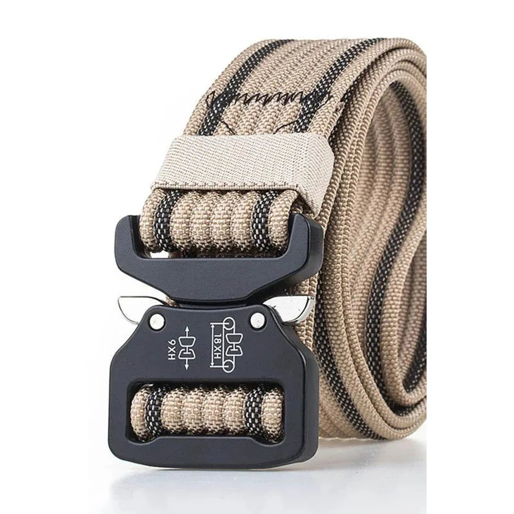 Khaki nylon quick-release belt with tan and dark stripes, coiled, black buckle at the front