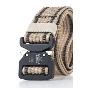 Khaki nylon quick-release belt with tan and dark stripes, coiled, black buckle at the front