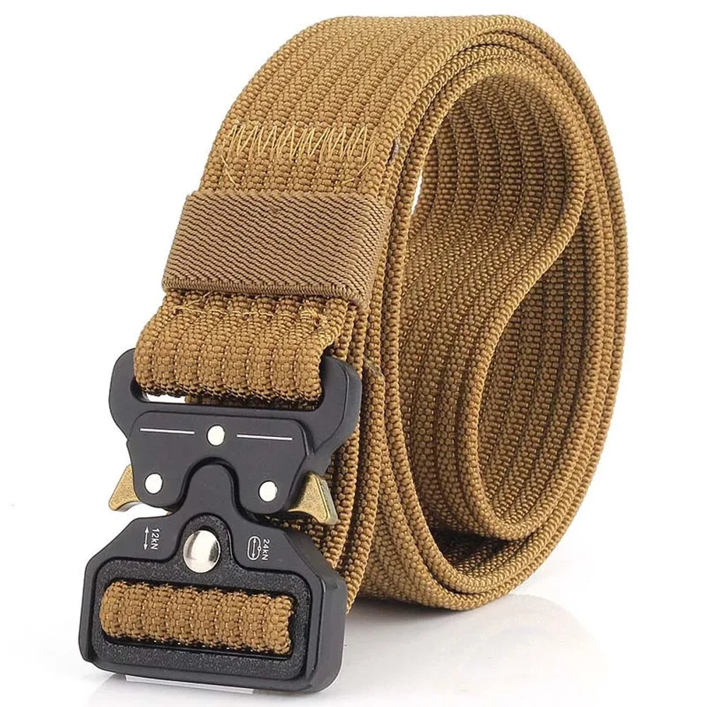 Plain wolf brown tan nylon quick-release belt, coiled, black buckle with gold release levers