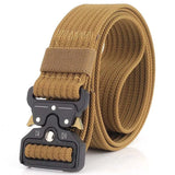 Plain wolf brown tan nylon quick-release belt, coiled, black buckle with gold release levers