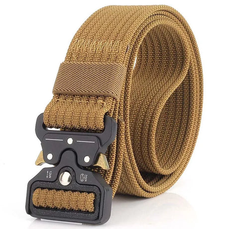 Plain wolf brown tan nylon quick-release belt, coiled, black buckle with gold release levers