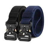 Black and navy blue webbing belts side by side, each with a black metal quick-release buckle