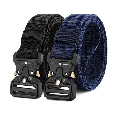 Black and navy blue webbing belts side by side, each with a black metal quick-release buckle