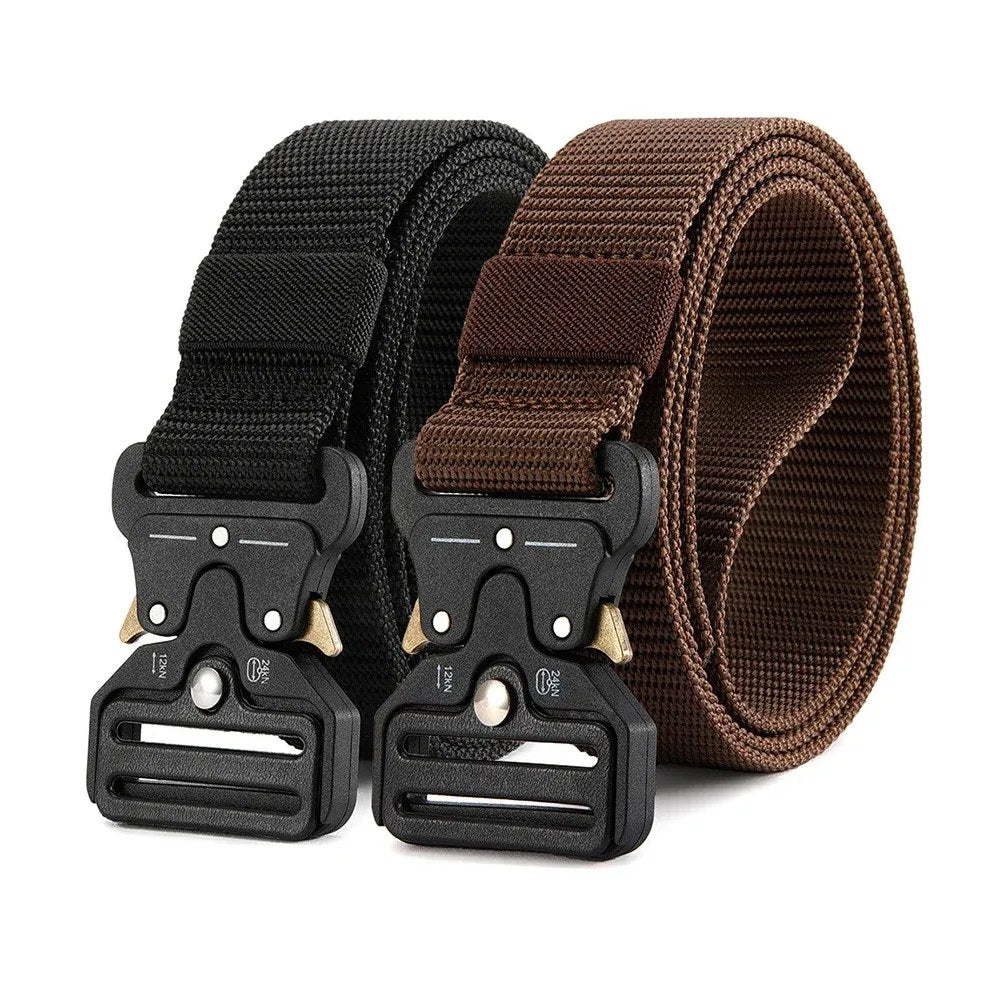 Black and coffee brown webbing belts side by side, each with a black metal quick-release buckle