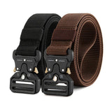 Black and coffee brown webbing belts side by side, each with a black metal quick-release buckle