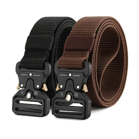 Black and coffee brown webbing belts side by side, each with a black metal quick-release buckle