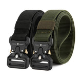 Black and army green webbing belts side by side, each with a black metal quick-release buckle